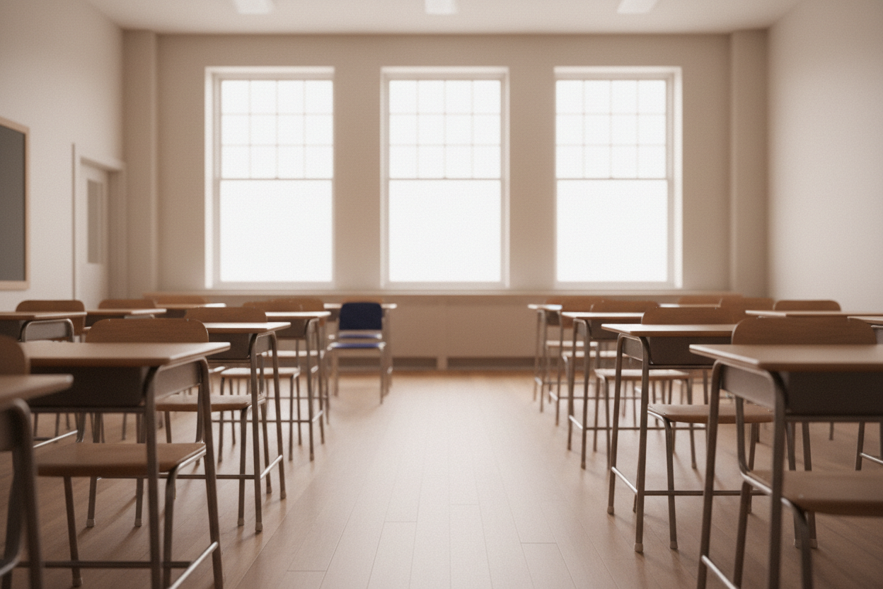 A softly lit empty classroom with natural daylight, warm neutral tones that complement a cream and navy website palette, shallow depth of field with desks slightly blurred, increased negative space in the center for text, subtle warm beige highlights, reduced contrast for a soft matte finish, subtle paper texture overlay, barely visible, calm and professional atmosphere, no people, no text, suitable as a homepage hero background for a school photography website